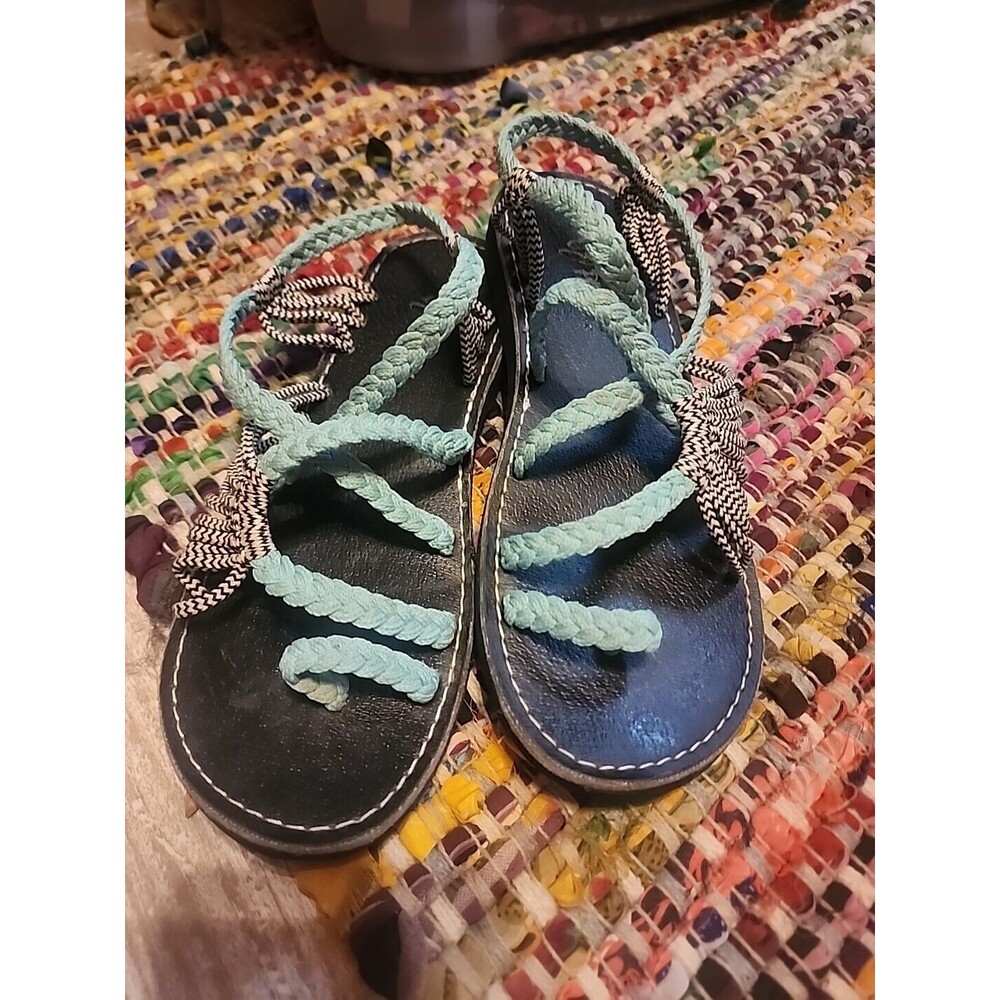 Plaka Hand-Woven Braided Sandals Flats Shoes Women's Size 6 Black, White, Teal